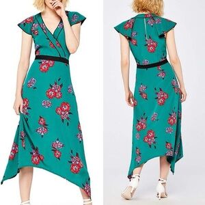 Emerald green floral midi party dress. Size 8/M